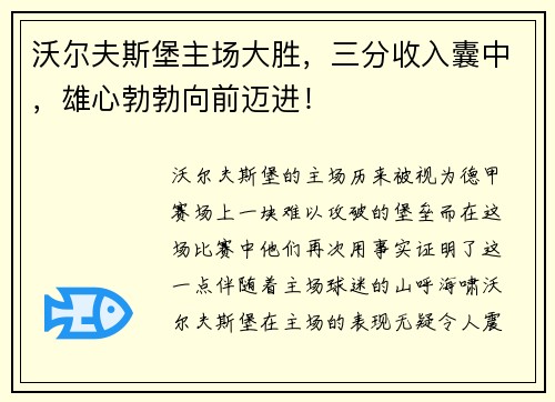 沃尔夫斯堡主场大胜，三分收入囊中，雄心勃勃向前迈进！