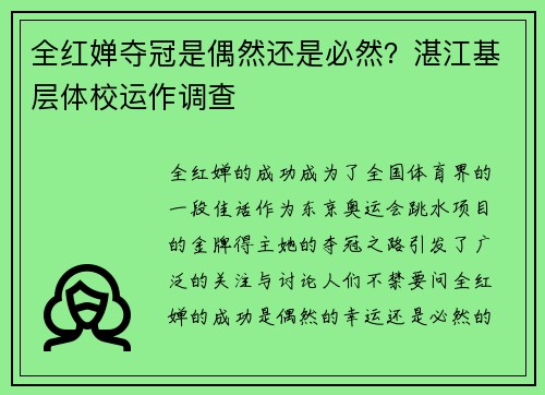 全红婵夺冠是偶然还是必然？湛江基层体校运作调查